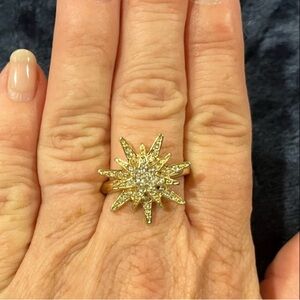 Gold Tone Rhinestone Starburst Ring Size 10 Atomic Vintage Ring